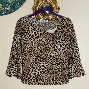 Vintage Leopard Top By She’s The 1 with 3/4 Sleeves Layered Look Tie with Beads